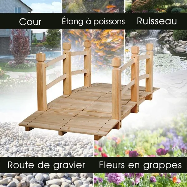 Pont de Jardin Décoration Extérieure Pont de Bassin en Sapin 150 x 67 x 56 cm Chargé Environ 100 kg Brun Clair