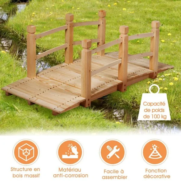 Pont de Jardin Décoration Extérieure Pont de Bassin en Sapin 150 x 67 x 56 cm Chargé Environ 100 kg Brun Clair