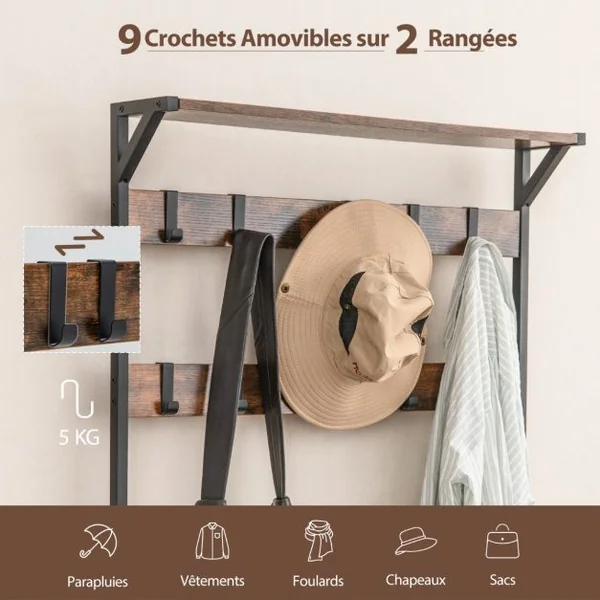Porte-manteau 3 en 1 de 180cm avec Banc à Chaussures Rangement pour Chaussures et 9 Crochets Amovibles Étagère Autoportante Marron Rustique