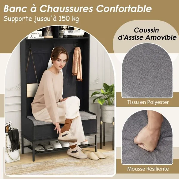 Porte-manteau avec Banc et Coussin Compartiments Ouverts Crochets Rangement à Chaussures à Dessus Relevable Noir/Marron Rustique