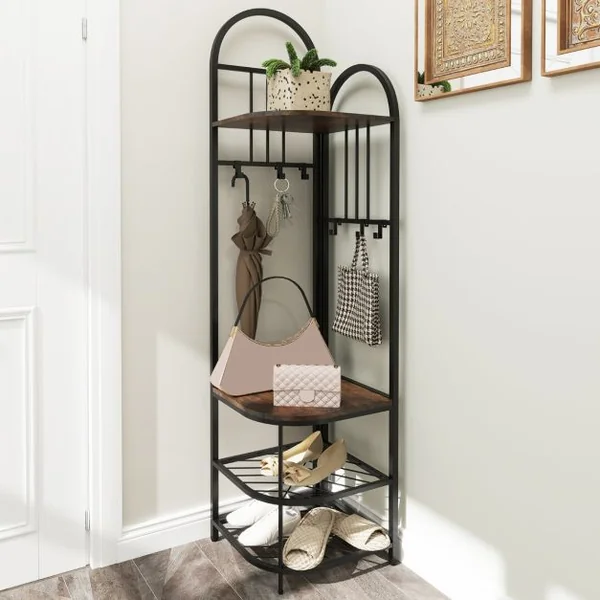 Porte-Manteau d’Angle à 4 Niveaux avec Rangement pour Chaussures Etagère à Chaussures de 180cm de Haut Naturel