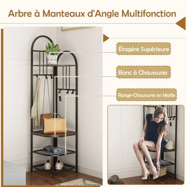 Porte-Manteau d’Angle à 4 Niveaux avec Rangement pour Chaussures Etagère à Chaussures de 180cm de Haut Naturel