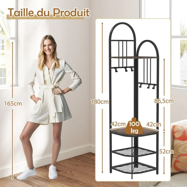Porte-Manteau d’Angle à 4 Niveaux avec Rangement pour Chaussures Etagère à Chaussures de 180cm de Haut Naturel