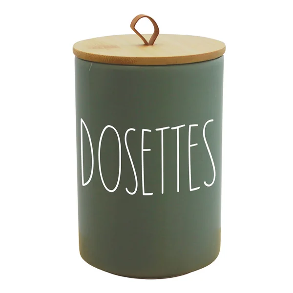 Pot à dosettes céramique et couvercle bambou vert D 9.6x14.9cm