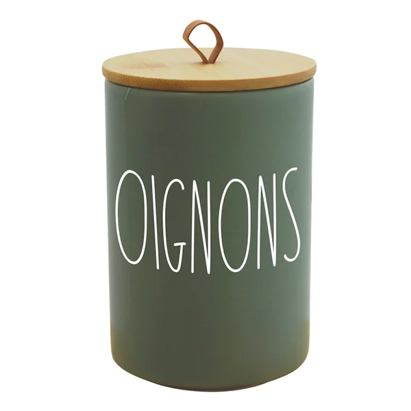 Pot à oignons céramique et couvercle bambou vert D 9.6x14.9cm
