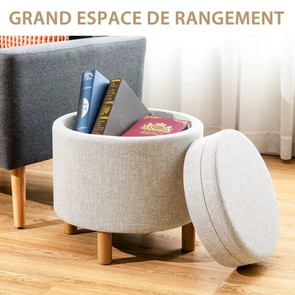 Pouf de Rangement Rond avec Plateau Repose-pied de Rangement avec Rembourrage Doux Tabouret en Tissu PE avec Pieds Gris