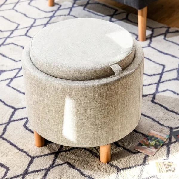 Pouf de Rangement Rond avec Plateau Repose-pied de Rangement avec Rembourrage Doux Tabouret en Tissu PE avec Pieds Gris