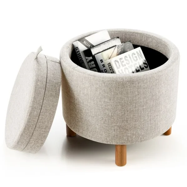 Pouf de Rangement Rond avec Plateau Repose-pied de Rangement avec Rembourrage Doux Tabouret en Tissu PE avec Pieds Gris