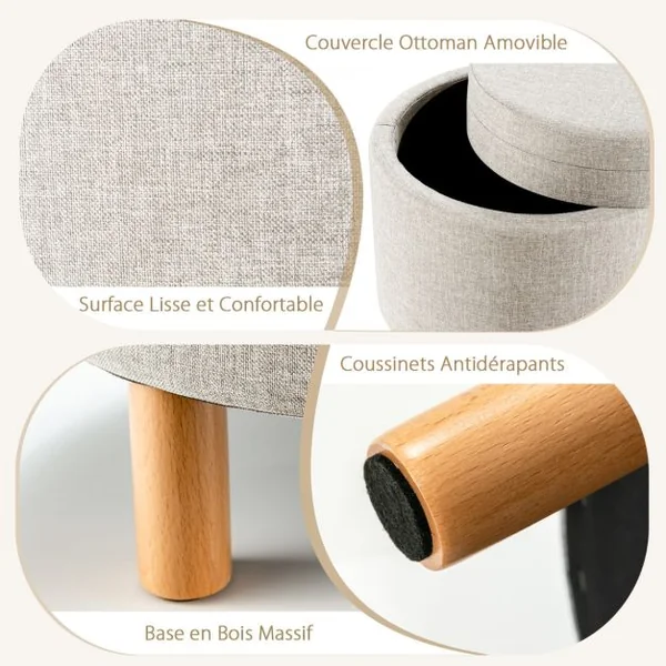 Pouf de Rangement Rond avec Plateau Repose-pied de Rangement avec Rembourrage Doux Tabouret en Tissu PE avec Pieds Gris