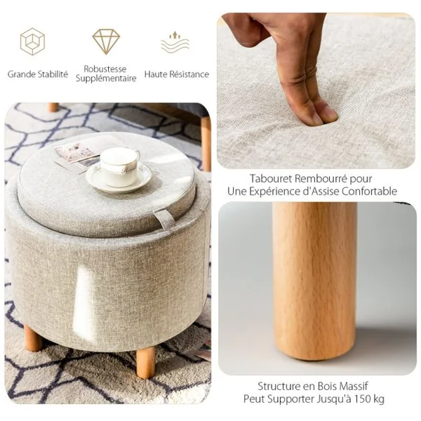 Pouf de Rangement Rond avec Plateau Repose-pied de Rangement avec Rembourrage Doux Tabouret en Tissu PE avec Pieds Gris