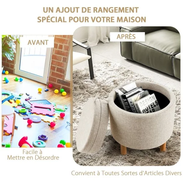 Pouf de Rangement Rond avec Plateau Repose-pied de Rangement avec Rembourrage Doux Tabouret en Tissu PE avec Pieds Gris
