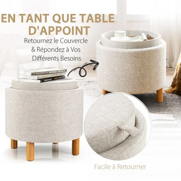 Pouf de Rangement Rond avec Plateau Repose-pied de Rangement avec Rembourrage Doux Tabouret en Tissu PE avec Pieds Gris