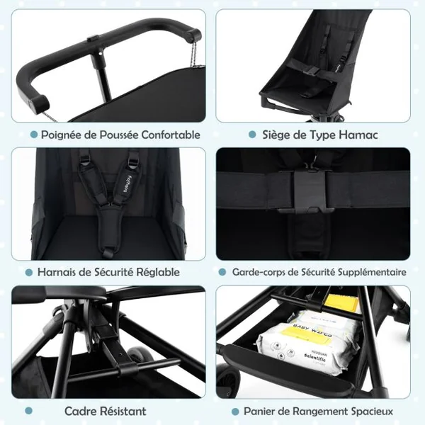 Poussette Compacte et Adaptée aux Avions avec Canopy Ajustable Grand Panier de Rangement pour Bébés 6-36 Mois Charge 15 kg Noir