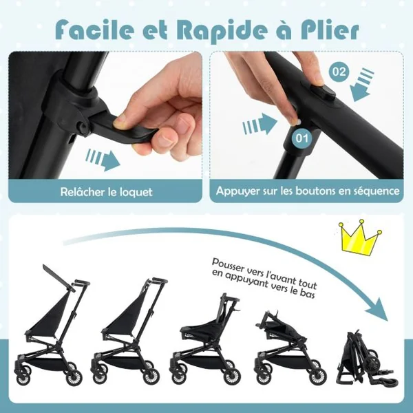 Poussette Compacte et Adaptée aux Avions avec Canopy Ajustable Grand Panier de Rangement pour Bébés 6-36 Mois Charge 15 kg Noir