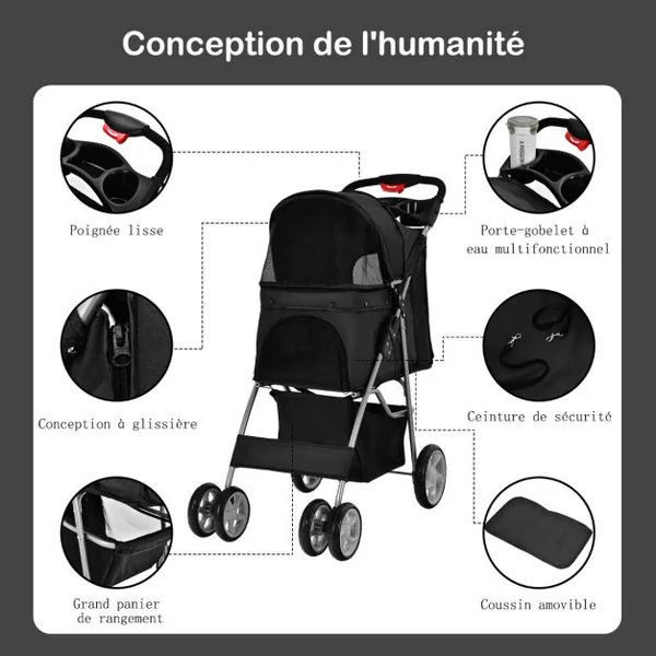 Poussette pour Animaux Pliante 4 Roues avec Fenêtres en Filet Porte-gobelet et Panier de Rangement pour Chat et Chien Bleu