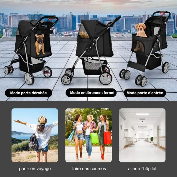Poussette pour Animaux Pliante 4 Roues avec Fenêtres en Filet Porte-gobelet et Panier de Rangement pour Chat et Chien Bleu