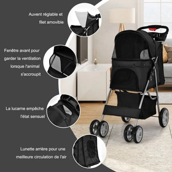 Poussette pour Animaux Pliante 4 Roues avec Fenêtres en Filet Porte-gobelet et Panier de Rangement pour Chat et Chien Bleu