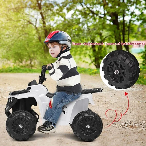 Quad Electrique pour Enfants 3 km/h Phares Musique MP3 USB AUX Volume Réglable Voiture pour Enfants de 3-6 Ans Blanc
