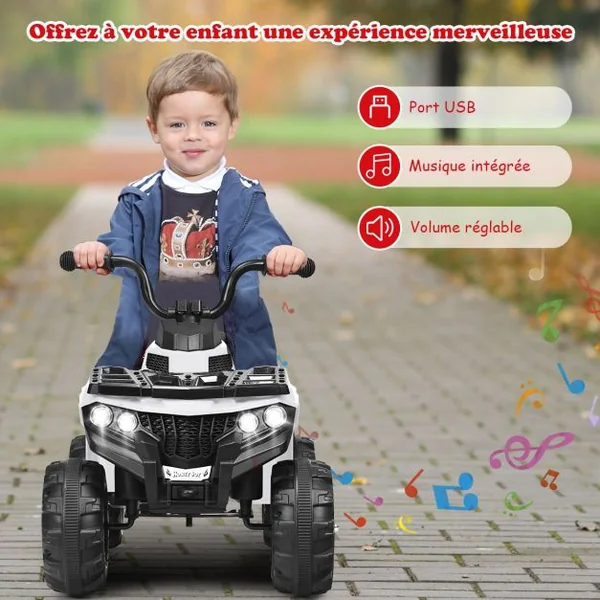 Quad Electrique pour Enfants 3 km/h Phares Musique MP3 USB AUX Volume Réglable Voiture pour Enfants de 3-6 Ans Blanc