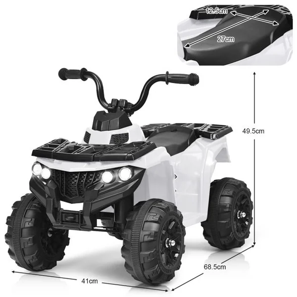 Quad Electrique pour Enfants 3 km/h Phares Musique MP3 USB AUX Volume Réglable Voiture pour Enfants de 3-6 Ans Blanc