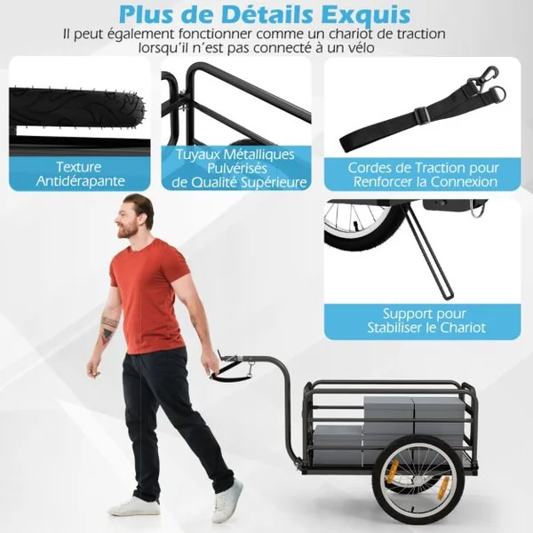 Remorque de Vélo avec Cadre Pliable Charge 55 kg Chariot pour Vélo avec Housse en Tissu Oxford Roues à Air de 40 cm Réflecteurs Bleu