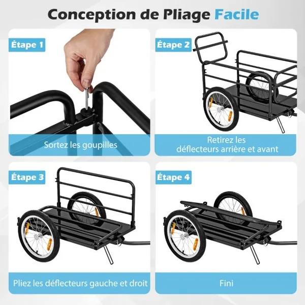 Remorque de Vélo avec Cadre Pliable Charge 55 kg Chariot pour Vélo avec Housse en Tissu Oxford Roues à Air de 40 cm Réflecteurs Bleu