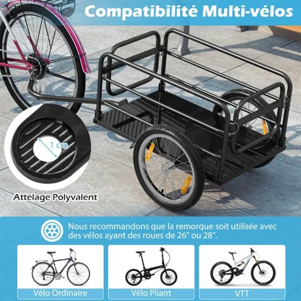 Remorque de Vélo avec Cadre Pliable Charge 55 kg Chariot pour Vélo avec Housse en Tissu Oxford Roues à Air de 40 cm Réflecteurs Bleu