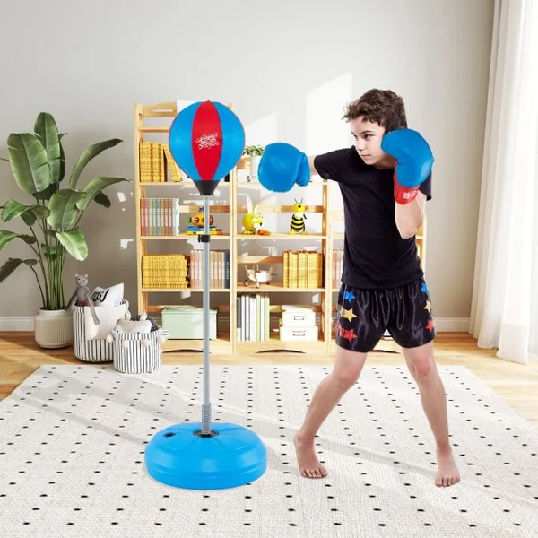 Sac de Boxe Punching Ball sur Pied Hauteur Réglable 120-154CM avec Gant Pompe à Main Gonflable Noir/Bleu