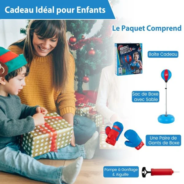 Sac de Boxe Punching Ball sur Pied Hauteur Réglable 120-154CM avec Gant Pompe à Main Gonflable Noir/Bleu