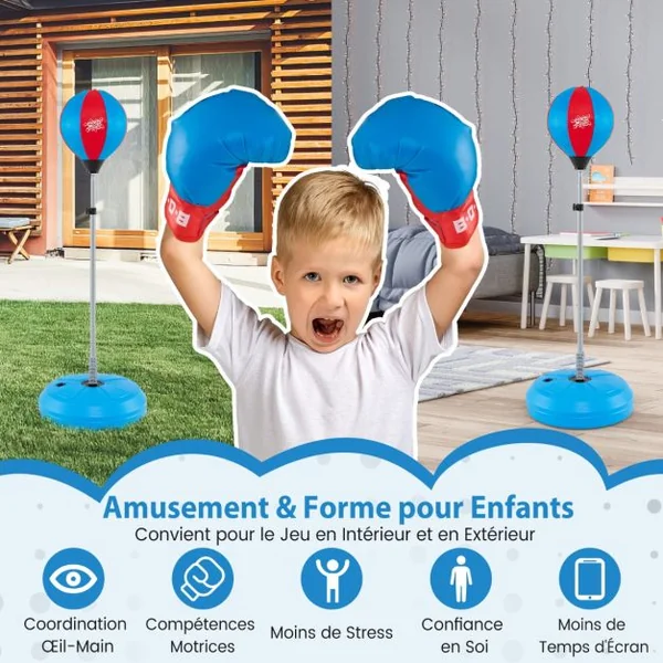 Sac de Boxe Punching Ball sur Pied Hauteur Réglable 120-154CM avec Gant Pompe à Main Gonflable Noir/Bleu
