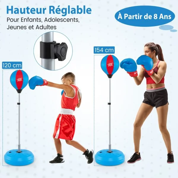 Sac de Boxe Punching Ball sur Pied Hauteur Réglable 120-154CM avec Gant Pompe à Main Gonflable Noir/Bleu