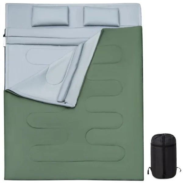 Sac de couchage pour 2 Personnes 2 Oreillers Résistant, Imperméable pour Voyages Camping 190x30x150cm Noir/Bleu/Vert