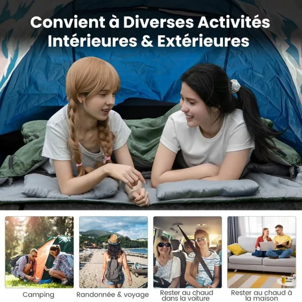 Sac de couchage pour 2 Personnes 2 Oreillers Résistant, Imperméable pour Voyages Camping 190x30x150cm Noir/Bleu/Vert