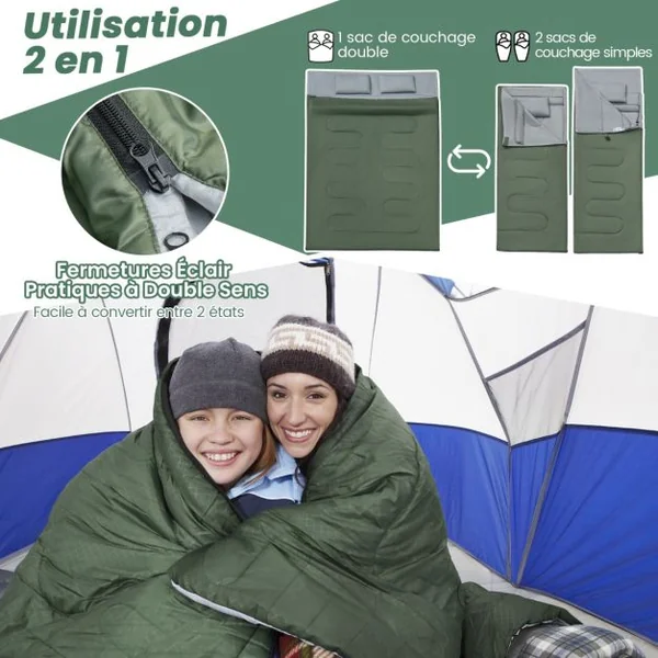 Sac de couchage pour 2 Personnes 2 Oreillers Résistant, Imperméable pour Voyages Camping 190x30x150cm Noir/Bleu/Vert
