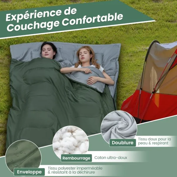 Sac de couchage pour 2 Personnes 2 Oreillers Résistant, Imperméable pour Voyages Camping 190x30x150cm Noir/Bleu/Vert