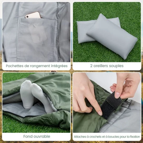Sac de couchage pour 2 Personnes 2 Oreillers Résistant, Imperméable pour Voyages Camping 190x30x150cm Noir/Bleu/Vert