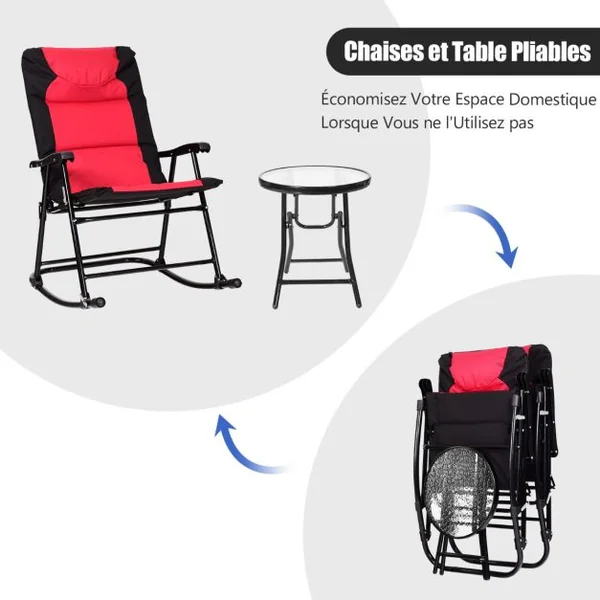 Salon de Jardin 2 Personnes Ensemble de Jardin 3 PCS avec 2 Chaises Rembourrés à Bascule et Table en Verre Pliables Bleu/Rouge