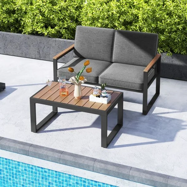 Salon de Jardin 2 Pièces avec Table Basse Causeuse Ensemble de Meubles d'Extérieur en Aluminium avec Accoudoirs Gris