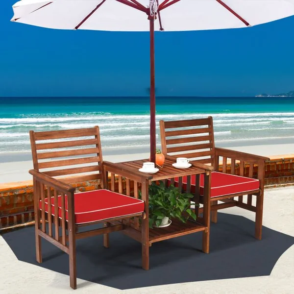 Salon de Jardin en Bois d’Acacia 2 Personnes Charge 160KG Ensemble de Meubles avec Table Basse 2 Chaises et Coussin Trou de Parasol de 5CM Blanc/Rouge