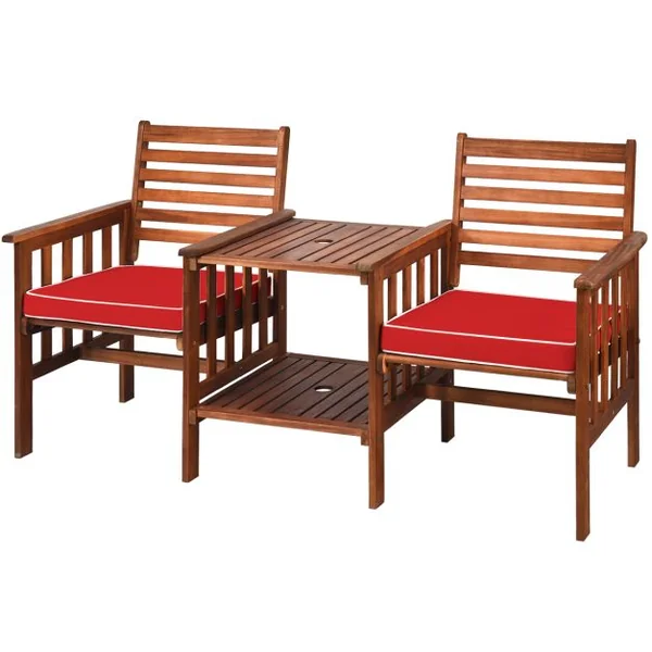 Salon de Jardin en Bois d’Acacia 2 Personnes Charge 160KG Ensemble de Meubles avec Table Basse 2 Chaises et Coussin Trou de Parasol de 5CM Blanc/Rouge