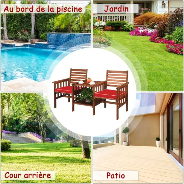 Salon de Jardin en Bois d’Acacia 2 Personnes Charge 160KG Ensemble de Meubles avec Table Basse 2 Chaises et Coussin Trou de Parasol de 5CM Blanc/Rouge
