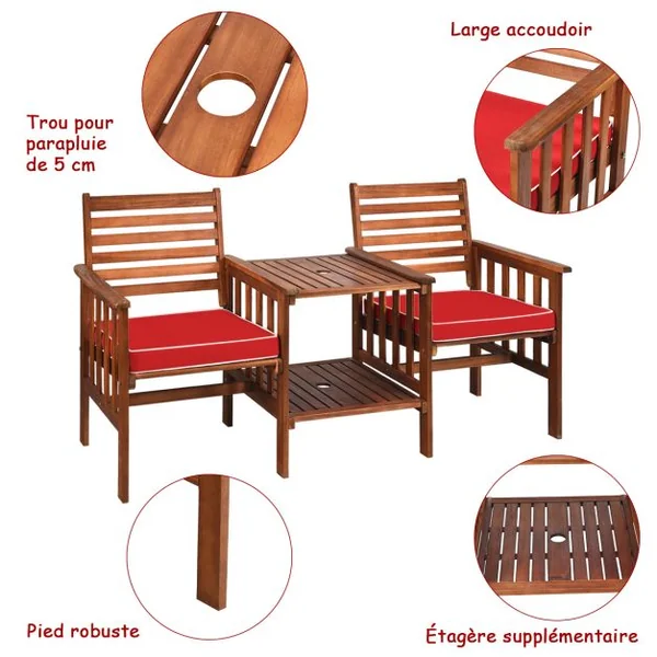 Salon de Jardin en Bois d’Acacia 2 Personnes Charge 160KG Ensemble de Meubles avec Table Basse 2 Chaises et Coussin Trou de Parasol de 5CM Blanc/Rouge