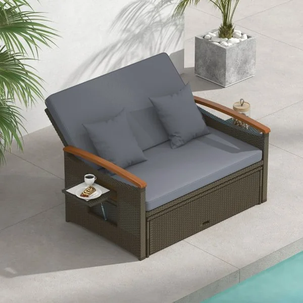 Salon de Jardin en Rotin PE Ottoman de Rangement Dossier Réglable à 4 Positions Plateau Latéral Rétractable Beige/Noir/Gris