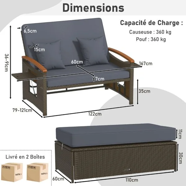Salon de Jardin en Rotin PE Ottoman de Rangement Dossier Réglable à 4 Positions Plateau Latéral Rétractable Beige/Noir/Gris