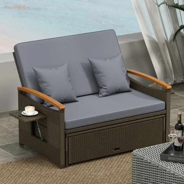 Salon de Jardin en Rotin PE Ottoman de Rangement Dossier Réglable à 4 Positions Plateau Latéral Rétractable Beige/Noir/Gris
