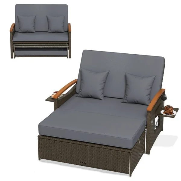 Salon de Jardin en Rotin PE Ottoman de Rangement Dossier Réglable à 4 Positions Plateau Latéral Rétractable Beige/Noir/Gris
