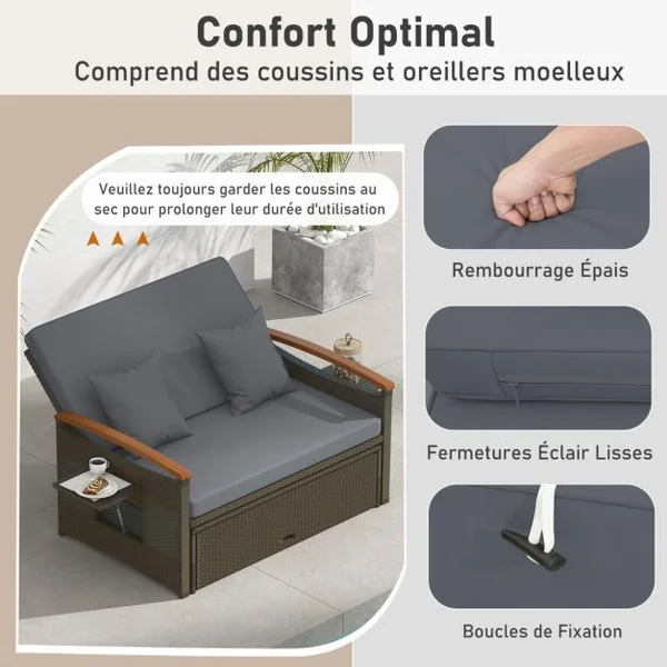 Salon de Jardin en Rotin PE Ottoman de Rangement Dossier Réglable à 4 Positions Plateau Latéral Rétractable Beige/Noir/Gris