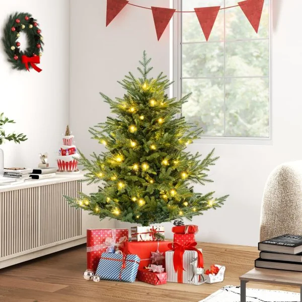 Sapin de Noël Artificiel de 135/180/210/240 cm Faux Sapin de Noël à Charnières 442/778/1090/1480 Branches 160/240/340/450 LED Blanc Chaud Feuilles Mixtes en PE et PVC