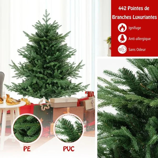 Sapin de Noël Artificiel de 135/180/210/240 cm Faux Sapin de Noël à Charnières 442/778/1090/1480 Branches 160/240/340/450 LED Blanc Chaud Feuilles Mixtes en PE et PVC