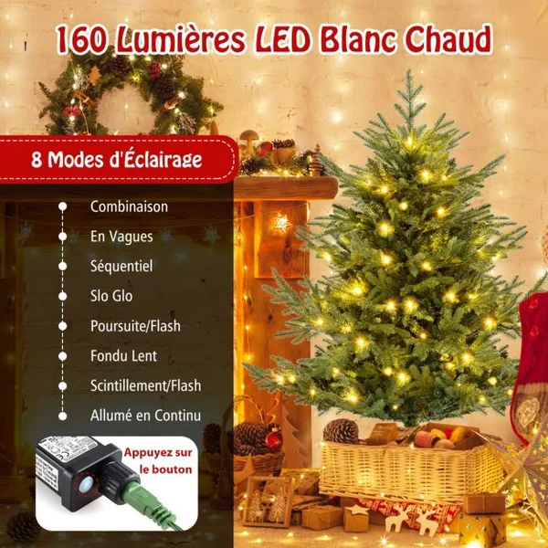 Sapin de Noël Artificiel de 135/180/210/240 cm Faux Sapin de Noël à Charnières 442/778/1090/1480 Branches 160/240/340/450 LED Blanc Chaud Feuilles Mixtes en PE et PVC